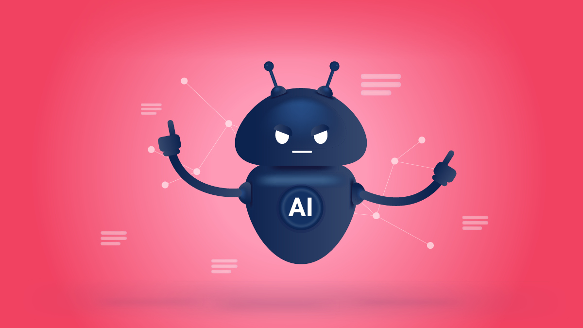 A gray robot on a bright pink background. The robot is labeled "AI"